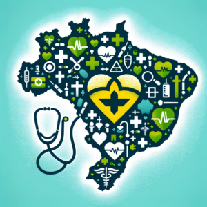 Aqui está a imagem criada, simbolizando o Sistema Único de Saúde (SUS) do Brasil. A imagem apresenta um mapa estilizado do Brasil, incorporando símbolos médicos que representam a cobertura abrangente de saúde em todo o país, juntamente com elementos sutis da bandeira brasileira. A imagem reflete o orgulho nacional e a importância do sistema de saúde universal.