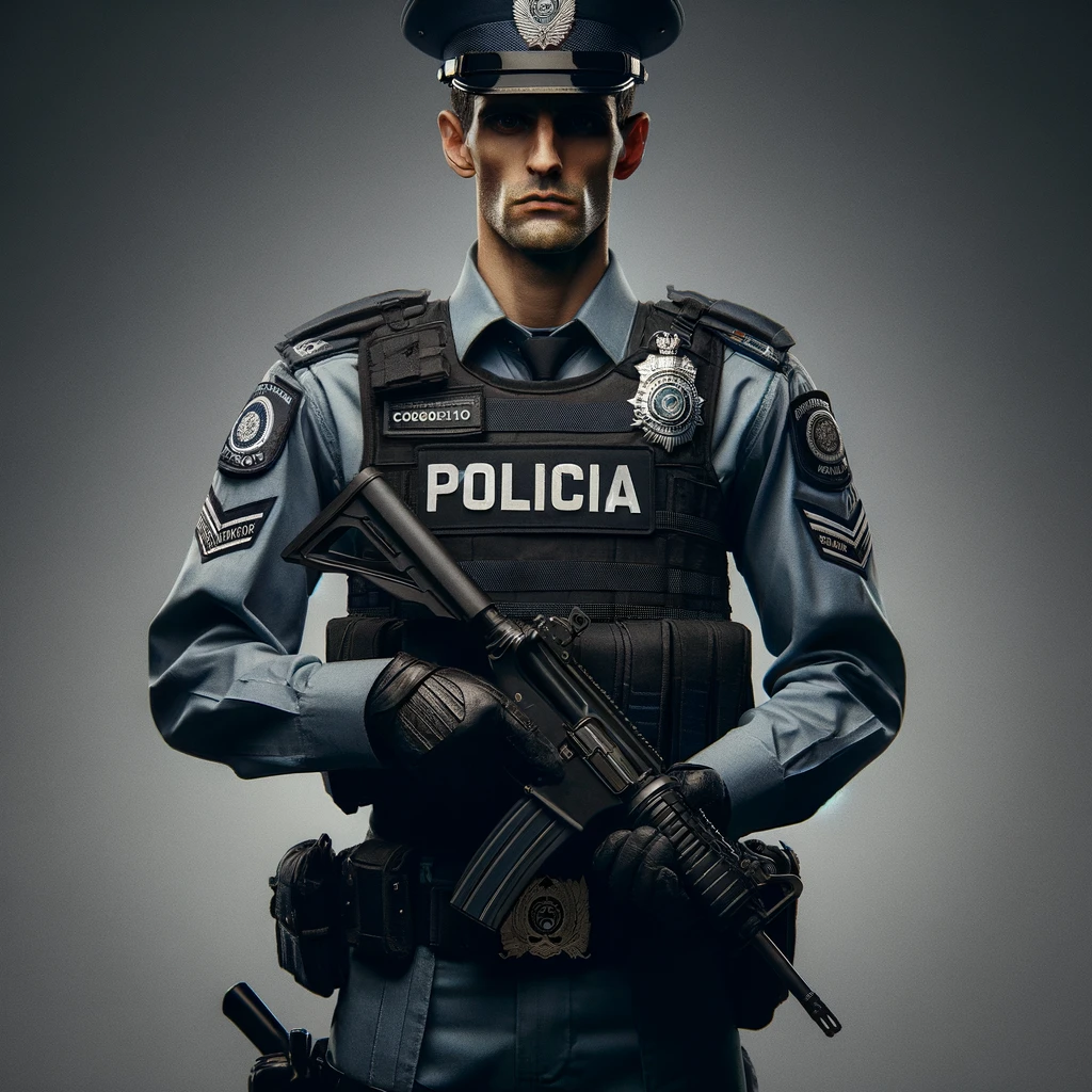 A imagem foi criada para representar um policial militar da Polícia Militar do Rio Grande do Norte (PMRN), destacando o uniforme oficial e a postura profissional associada ao papel na segurança pública do estado.